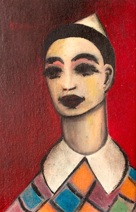 Harlequin with a brightly patterned jacket.